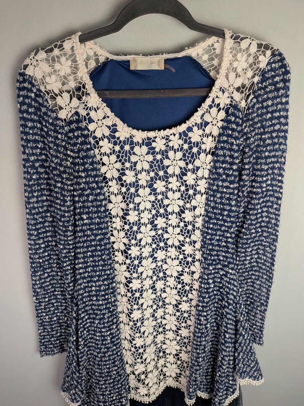 Altar'd State Babydoll Dress Women's S Blue Floral Knit Tiered Lace Long Sleeve - Picture 2 of 16
